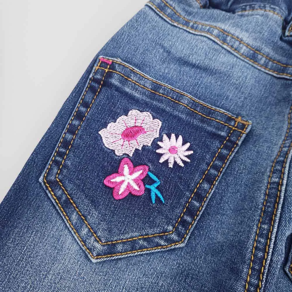 Girls Embroiderd Flower Decor Slim Jeans Pants