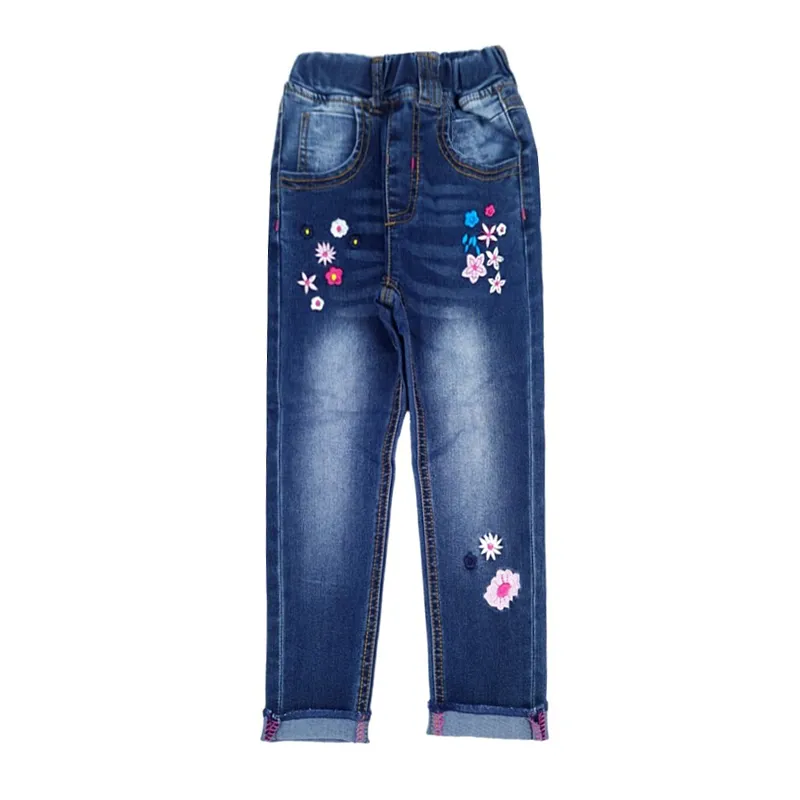 Girls Embroiderd Flower Decor Slim Jeans Pants