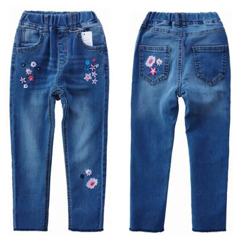 Girls Embroiderd Flower Decor Slim Jeans Pants