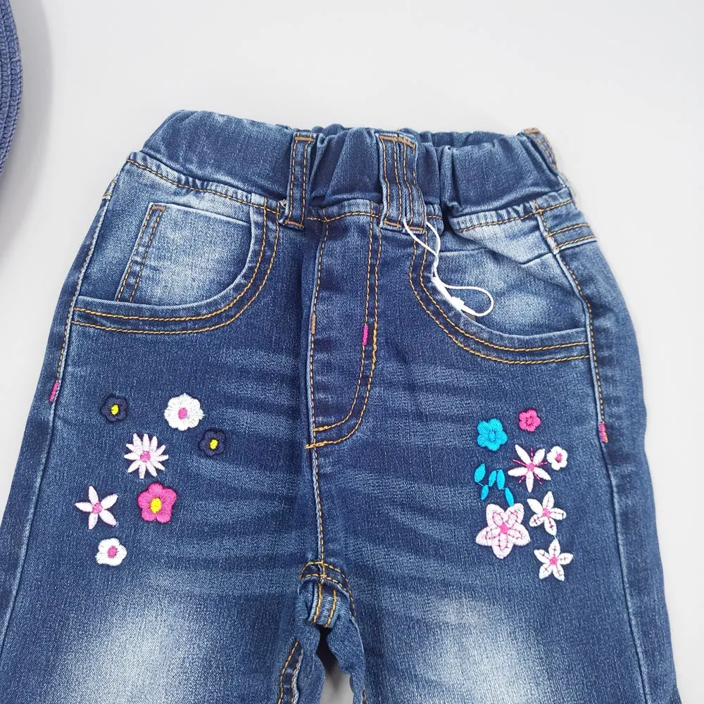 Girls Embroiderd Flower Decor Slim Jeans Pants