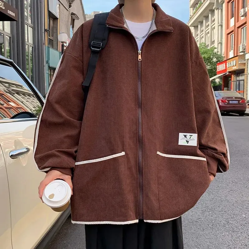 Ilooove - 2023 New Corduroy Jacket Men's Loose Oversized Coat Fashion Line Design Jakets Male Outwear Turn Down Collar Tops 5xl