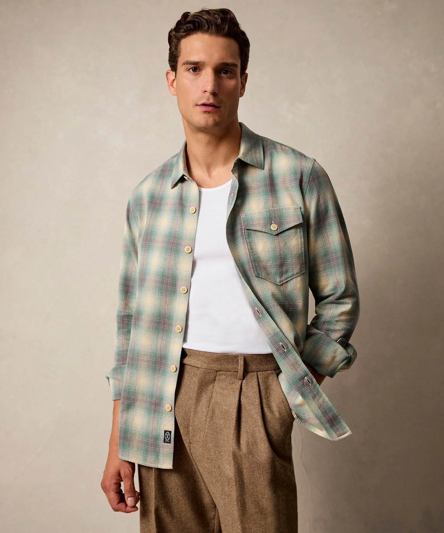 Peached Cotton Lodge Shirt in Green Plaid