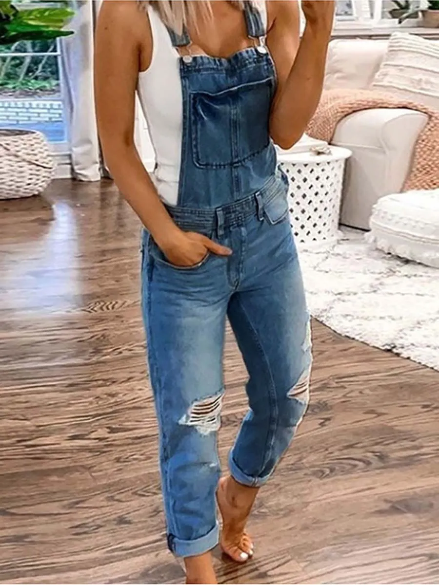 Plain Denim Ripped Jumpsuit