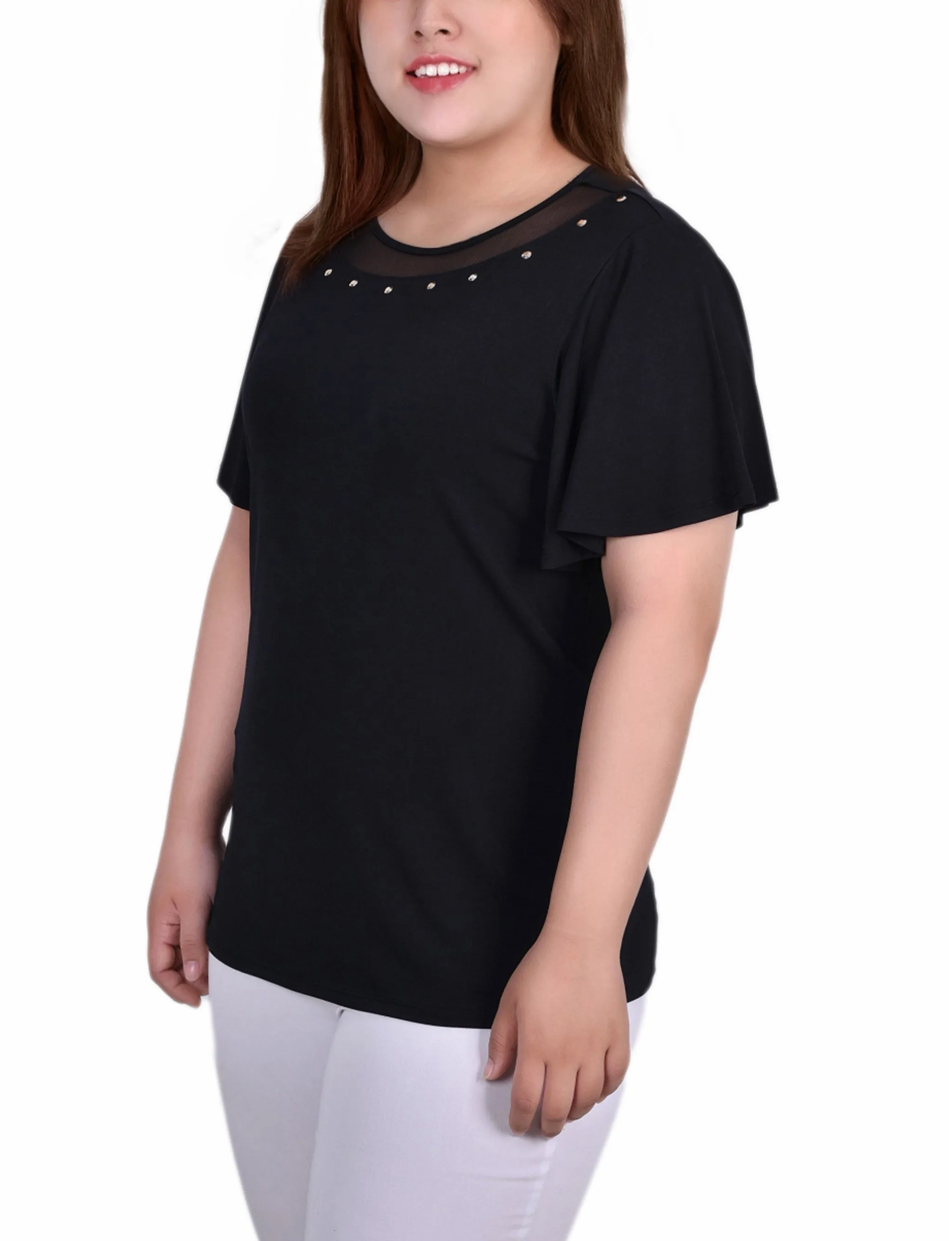 Plus Size Short Sleeve Knit Top With Sheer Inset