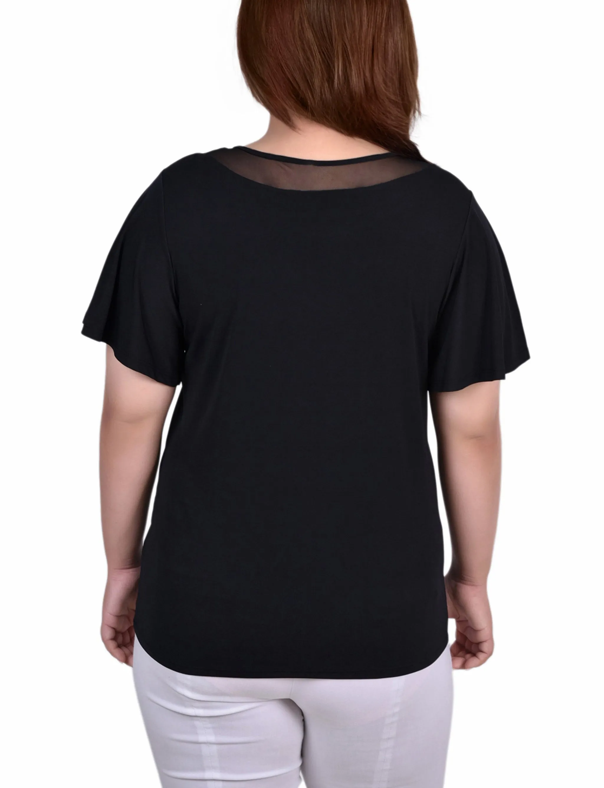 Plus Size Short Sleeve Knit Top With Sheer Inset