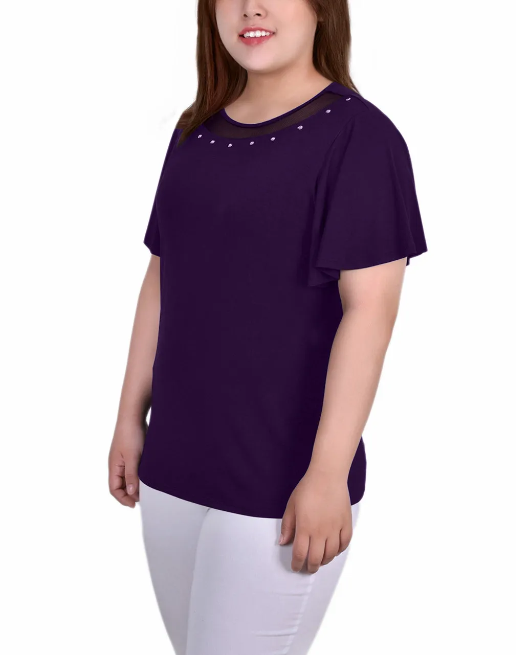 Plus Size Short Sleeve Knit Top With Sheer Inset