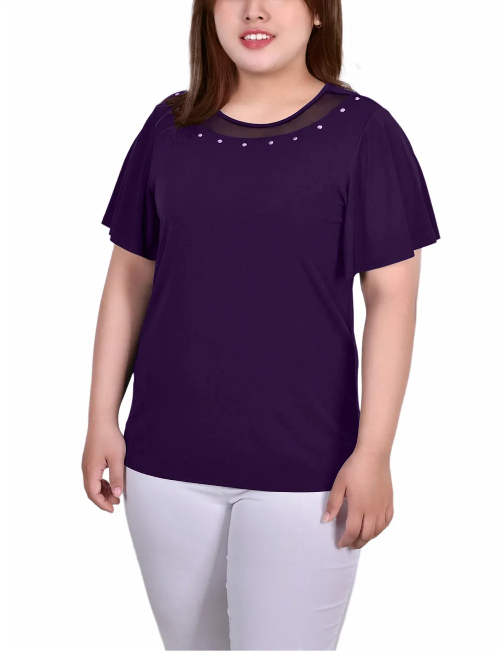 Plus Size Short Sleeve Knit Top With Sheer Inset