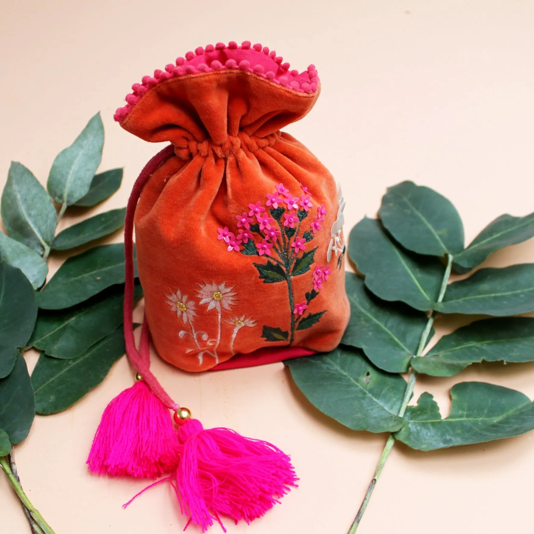 Posy Orange Drawstring Pouch Bag