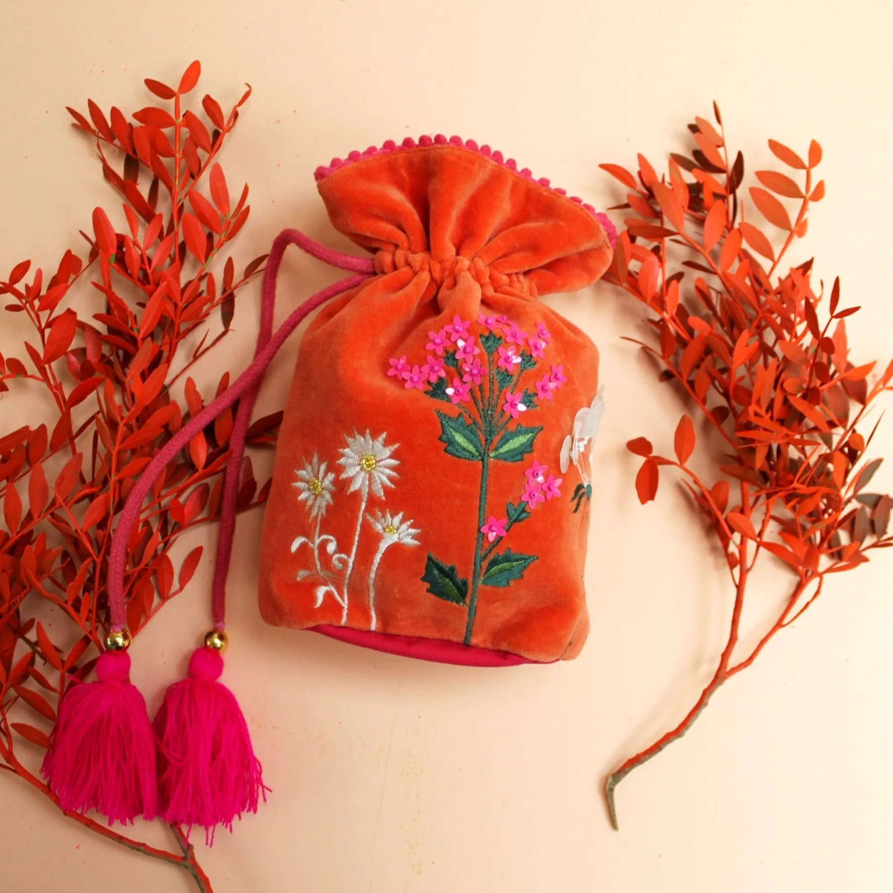 Posy Orange Drawstring Pouch Bag