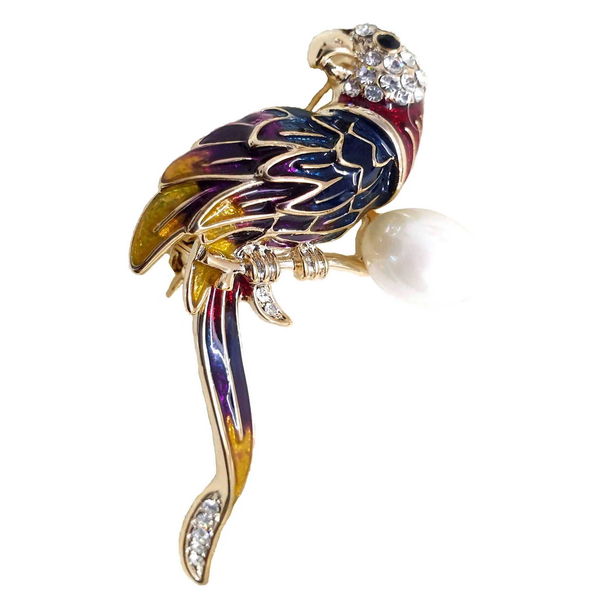 Rhinestone Studded Enamel Painted Colourful Bird Design Metal Brooch Lapel Pin, Unisex