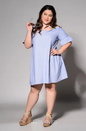 Ruffled Sleeves Shift Dress - Dark Blue Stripes - REE