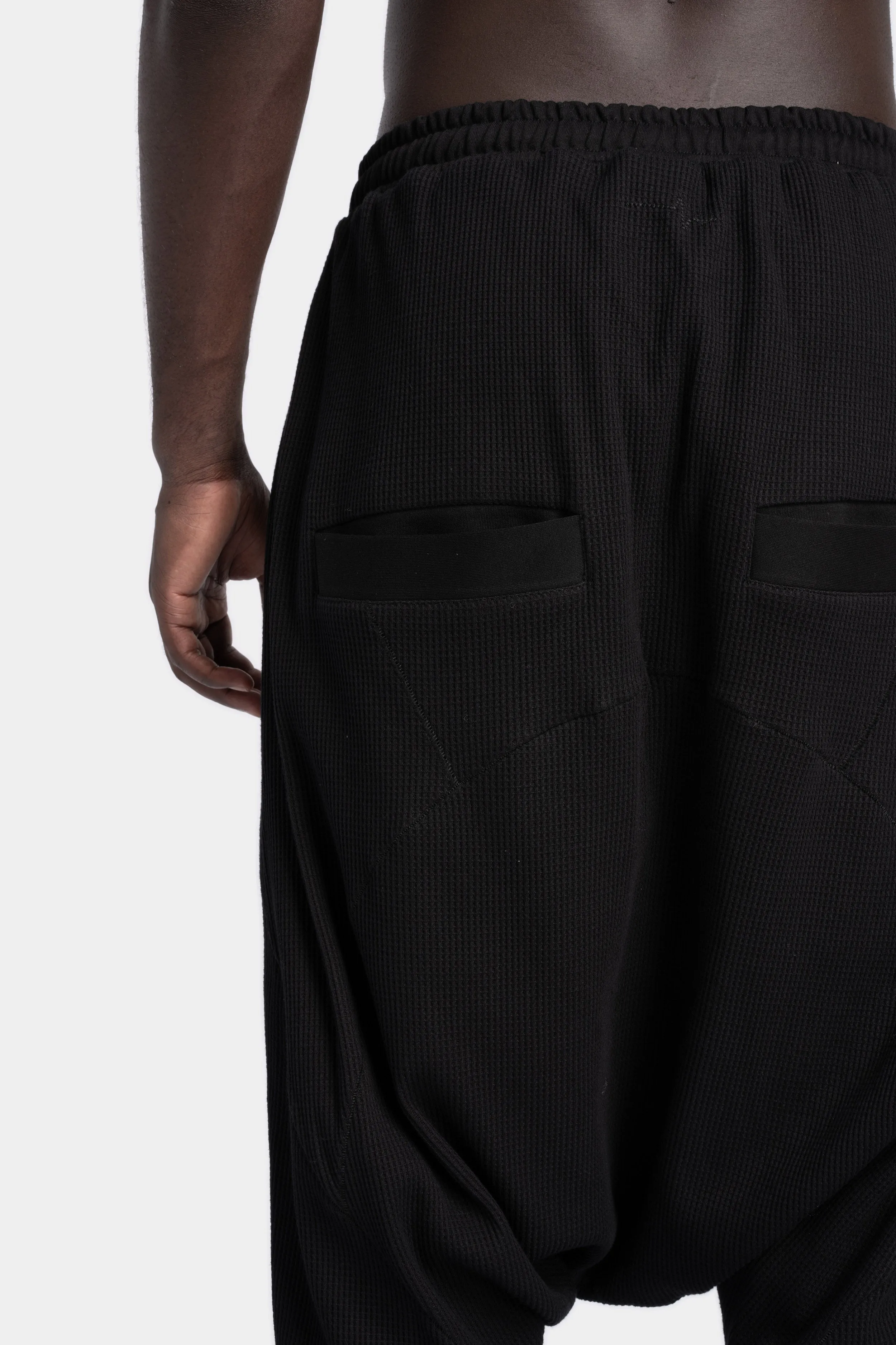 Waffle cotton drop crotch sweatpants, Black