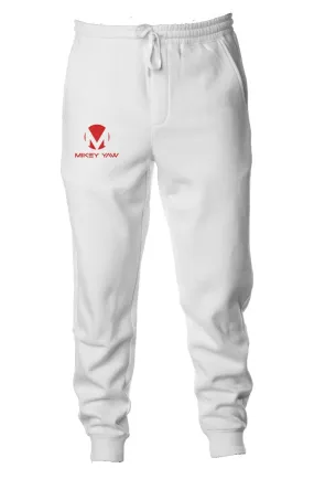 White Midweight Fleece Jogger Sweatpants with Red Logo